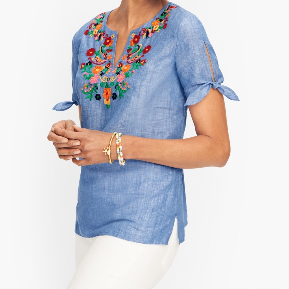 Talbots Blue Chambray linen cotton  Blouse with Colorful Embroidery MP excellent